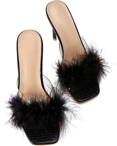 النساء الأرنب الأبيض الفراء واضح اللمحة تو النعال ساحة تو الخناجر الشرائح صندل كعب عالٍ شفاف بولي كلوريد الفينيل البغال أحذية الحفلات in Kuwait