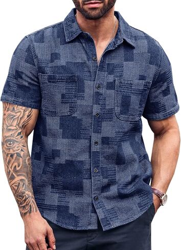 Runcati Mens Denim Shirts Short Sleeve Patchwork Button Down Casual Hippie Summer Jean Shirt in Saudi Arabia