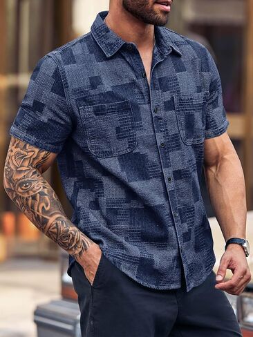 Runcati Mens Denim Shirts Short Sleeve Patchwork Button Down Casual Hippie Summer Jean Shirt in Saudi Arabia