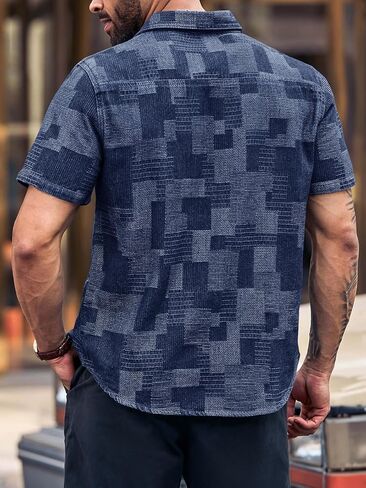 Runcati Mens Denim Shirts Short Sleeve Patchwork Button Down Casual Hippie Summer Jean Shirt in Saudi Arabia
