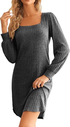 Ekouaer Womens Long Sleeve Nightgown Ribbed Knit Square Neck Loungewear Loose Fit Sleepwear Night dress in Saudi Arabia