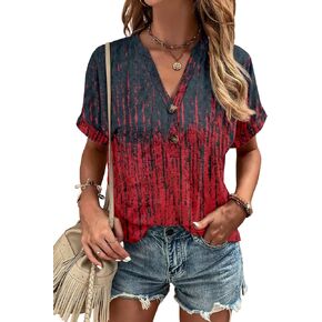 Women's Floral Tunic Tops Summer Casual V Neck Short Sleeve Fashion Blouse T-Shirts with Button