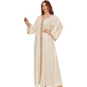 ODIZLI Womens Muslim Abaya Dress V Neck Bronzing Dress Islamic Full Length Kaftan Daily Casual Dress One-Piece