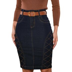 Anagrom Women's Stretch Denim Skirt with Belt Knee Height Zig-zag Detail