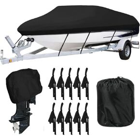 Boat Cover with Motor Cover 11-22 Ft, 600D Heavy Duty Waterproof Boat Cover, UV Resistant Fishing Boat Cover, Trailerable Boat Cover fits V-Hull Tri-Hull Runabouts (Black, 11-13ft)