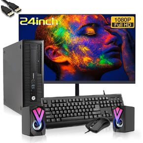 HP EliteDesk 800 G1 SFF Desktop PC with New 24" FHD Monitor and RGB Speakers PC Set, Core i5, 16GB RAM, 256GB SSD, 1TB HDD, Mouse & Keyboard, WiFi, Windows 10 Pro (Renewed)