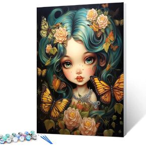 Cute Little Girl Art Paint by Numbers Kits with Brushes Garden Flowers,Butterfly Acrylic Oil Painting for Adults Kids Fashion Makeup Pictures Craft 16''x20" inch Office Room Decor Gift (Frameless)