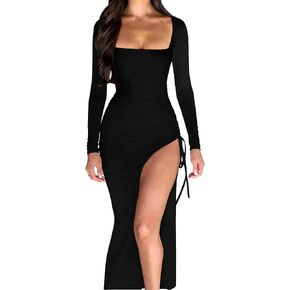 2024 Women's Square Neck Long Sleeve High Side Thigh Slit Drawstring Bodycon Ruched Sexy Club Party Maxi Long Dresses