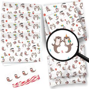 LimaLima 4 x Wrapping Paper Sheets With Tags & String. Cute Otter Love Design In Blue & Red Perfect For Valentine Birthday & Anniversary Suitable For Men Women Husband Wife Mum