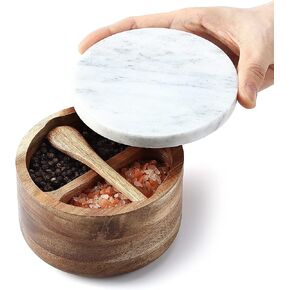 Acacia Salt and Pepper Box with Marble Lid and Embedded Spoon, Well-sealed Dust Lid, Salt Cellar Bowl Container Keeper to Storage Pepper Spice Herb Sea Salt, Dual 5 Ounce Capacity