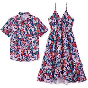 PATPAT Matching Outfits for Couples Summer Vacation Hawaiian Tropical Print Spaghetti Strap Dress and Shirt Matching Set