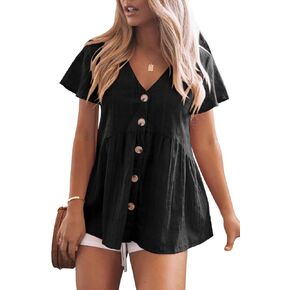 Womens Short Sleeve V Neck Blouse Button Down Shirt Loose Casual Ruffle Hem Babydoll Peplum Tops