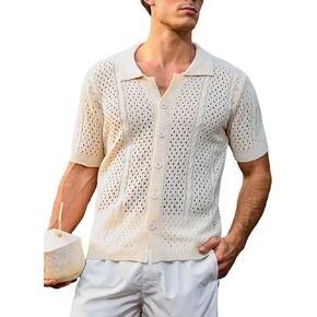 WDIRARA Men's Hollow Out Button Front Short Sleeve Casual Summer Lightweight Collared T-Shirts