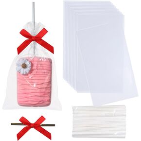 50PCS 3½x6 Inch Clear Rice Krispie Treat Bags Cakesicle Bags With Gold Twist Tie Ribbon Stick Cookie Bags for Gift Giving Bags(include 50pcs of Bags,Gold Twist Tie,Ribbon,Stick)