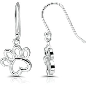 Hoops & Loops 925 Sterling Silver Puppy Dog Cat Pet Paw Print Love Heart Drop Dangle Hook Earrings for Women Men Teen Girls