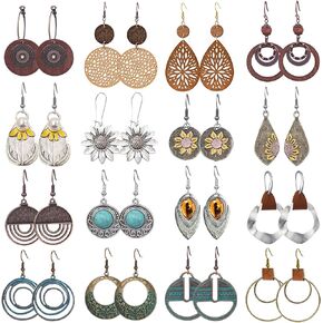 EIELO 16 Pairs بوهو خمر استرخى أقراط للنساء هندسية مستديرة عباد الشمس أقراط العرقية نمط البوهيمي إسقاط طقم من الحلقان in Kuwait