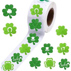 958Pcs St. Patrick's Day Shamrock Stickers Roll Glitter Green Lucky Irish Clover Paper Seal Decals Holographic Self-Adhesive Seal Labels for Irish Holiday Party Envelope Journal Decoration