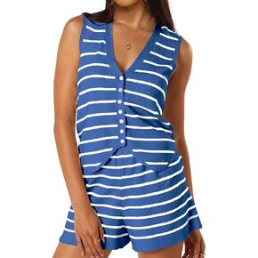 Womens 2 Piece Outfits Summer Knit Striped Matching Set Button Down V Neck Vest Shorts Sets