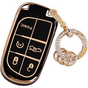 for Dodge Challenger Key Fob Cover - 3 4 5 Buttons Soft TPU Key Fob Protector for Durango Charger Jeep Grand Cherokee Renegade Compass Comander Smart Key Case with Bling Keychain, Purple