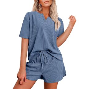 Pajamas Lounge Sets for Women 2 Piece Shorts Waffle Knit Summer Comfy Pj Loungewear Set Sleepwear with Pockets