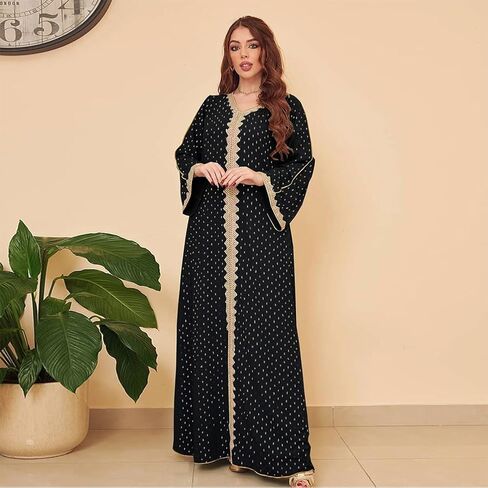ODIZLI Womens Muslim Abaya Dress V Neck Bronzing Dress Islamic Full Length Kaftan Daily Casual Dress One-Piece in Saudi Arabia