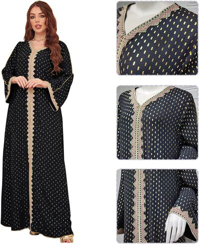 ODIZLI Womens Muslim Abaya Dress V Neck Bronzing Dress Islamic Full Length Kaftan Daily Casual Dress One-Piece in Saudi Arabia