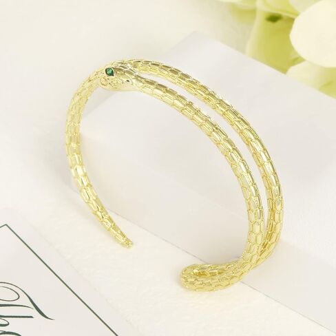الذهب ثعبان أساور الاعوجاج الكفة الإسورة الثعابين مفتوحة قابل للتعديل الذهب الكفة للنساء الثعبان الحيوان الاعوجاج مع عيون خضراء ثعبان مجوهرات هدايا للرجال الفتيات in Kuwait