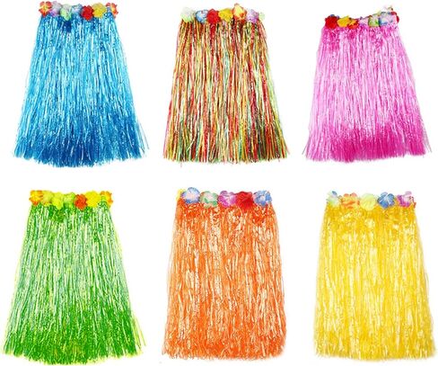 6 Pieces 24" Hawaiian Grass Skirts for Adults Flowered Luau Hula Skirts Elastic Hawaiian Hula Dancer Grass Skirt for Women Men Fancy Dress Costume Tropical Party Decoration Multicolored in Saudi Arabia