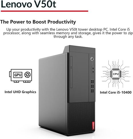 كمبيوتر سطح المكتب Lenovo V50t Business Tower، Intel i5-10400، ذاكرة الوصول العشوائي 16 جيجابايت، 1 تيرابايت SSD، لوحة مفاتيح وماوس سلكية، DVD-RW، HDMI، RJ-45، DVI، VGA، Wi-Fi، شاشتان تدعمان 4K، Windows 11 Pro ، أسود in Kuwait