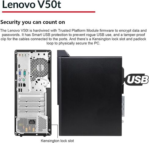 كمبيوتر سطح المكتب Lenovo V50t Business Tower، Intel i5-10400، ذاكرة الوصول العشوائي 16 جيجابايت، 1 تيرابايت SSD، لوحة مفاتيح وماوس سلكية، DVD-RW، HDMI، RJ-45، DVI، VGA، Wi-Fi، شاشتان تدعمان 4K، Windows 11 Pro ، أسود in Kuwait