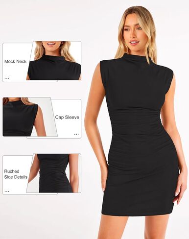 Ellakoko 2024 Women Summer Mini Dress Bodycon Ruched Mock Neck Sleeveless Work Formal Cocktail Party Wedding Guest Dress in Saudi Arabia