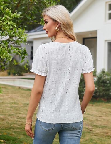 GRACE KARIN Women's 2024 Summer Tops Short Sleeve V Neck Basic T Shirts Dressy Casual Tie Front Tops Eyelet Blouses Tunic in Kuwait