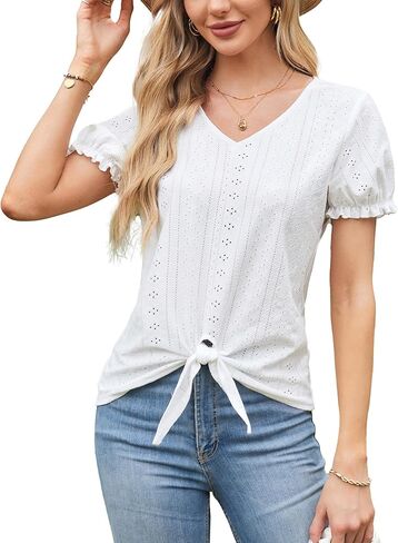 GRACE KARIN Women's 2024 Summer Tops Short Sleeve V Neck Basic T Shirts Dressy Casual Tie Front Tops Eyelet Blouses Tunic in Kuwait