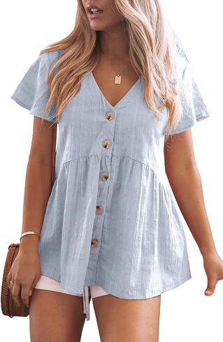 Womens Short Sleeve V Neck Blouse Button Down Shirt Loose Casual Ruffle Hem Babydoll Peplum Tops in Saudi Arabia