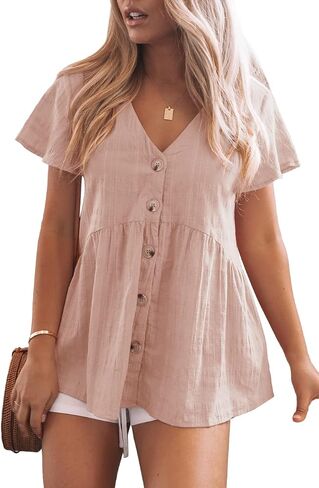 Womens Short Sleeve V Neck Blouse Button Down Shirt Loose Casual Ruffle Hem Babydoll Peplum Tops in Saudi Arabia