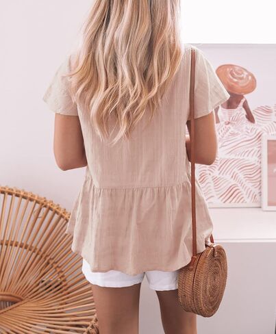 Womens Short Sleeve V Neck Blouse Button Down Shirt Loose Casual Ruffle Hem Babydoll Peplum Tops in Saudi Arabia