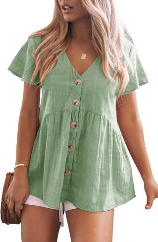 Womens Short Sleeve V Neck Blouse Button Down Shirt Loose Casual Ruffle Hem Babydoll Peplum Tops in Saudi Arabia
