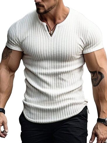 Men's Ribbed Knit Notched V Neck Tees Casual Short Sleeve T Shirt Summer Basic Tops in Saudi Arabia