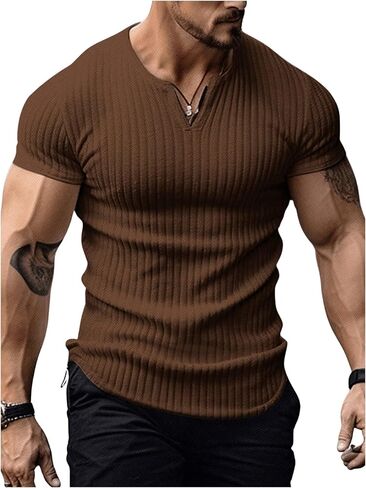 Men's Ribbed Knit Notched V Neck Tees Casual Short Sleeve T Shirt Summer Basic Tops in Saudi Arabia