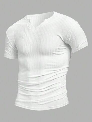 Men's Ribbed Knit Notched V Neck Tees Casual Short Sleeve T Shirt Summer Basic Tops in Saudi Arabia