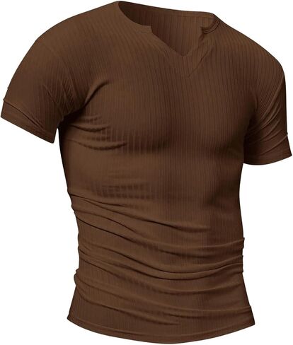 Men's Ribbed Knit Notched V Neck Tees Casual Short Sleeve T Shirt Summer Basic Tops in Saudi Arabia