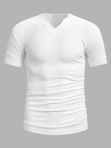 Men's Ribbed Knit Notched V Neck Tees Casual Short Sleeve T Shirt Summer Basic Tops in Saudi Arabia