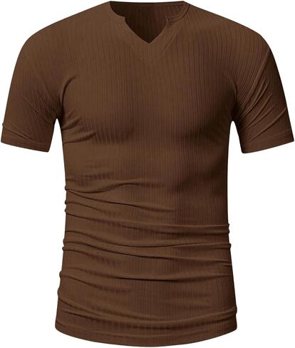 Men's Ribbed Knit Notched V Neck Tees Casual Short Sleeve T Shirt Summer Basic Tops in Saudi Arabia