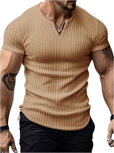 Men's Ribbed Knit Notched V Neck Tees Casual Short Sleeve T Shirt Summer Basic Tops in Saudi Arabia