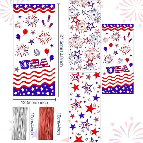 120 Independence Day 4th of July Party Bags Blue Red Patriotic Cellophane Treat Bags Plastic Goodie Candy Favor Bags with 200 Silver and Red Twist Ties for American Memorial Day Party Decorations in Saudi Arabia