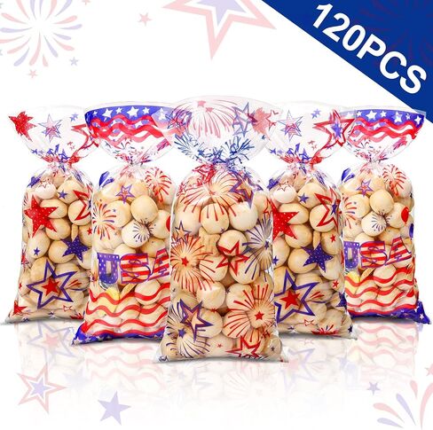 120 Independence Day 4th of July Party Bags Blue Red Patriotic Cellophane Treat Bags Plastic Goodie Candy Favor Bags with 200 Silver and Red Twist Ties for American Memorial Day Party Decorations in Saudi Arabia