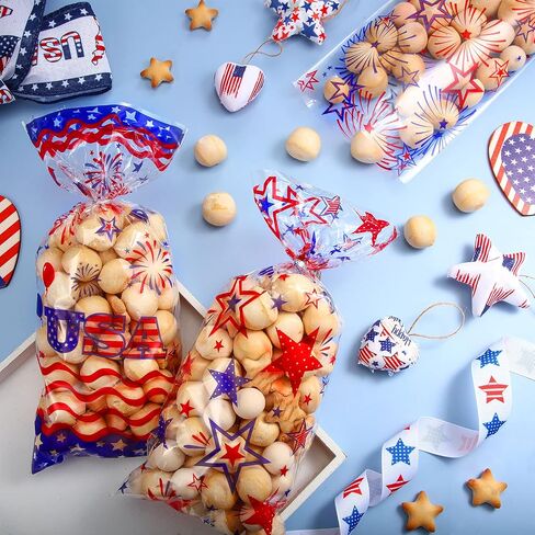 120 Independence Day 4th of July Party Bags Blue Red Patriotic Cellophane Treat Bags Plastic Goodie Candy Favor Bags with 200 Silver and Red Twist Ties for American Memorial Day Party Decorations in Saudi Arabia