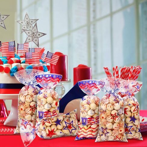 120 Independence Day 4th of July Party Bags Blue Red Patriotic Cellophane Treat Bags Plastic Goodie Candy Favor Bags with 200 Silver and Red Twist Ties for American Memorial Day Party Decorations in Saudi Arabia
