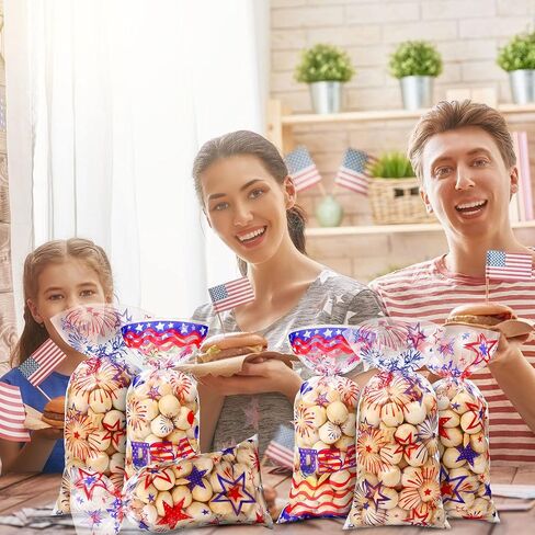 120 Independence Day 4th of July Party Bags Blue Red Patriotic Cellophane Treat Bags Plastic Goodie Candy Favor Bags with 200 Silver and Red Twist Ties for American Memorial Day Party Decorations in Saudi Arabia