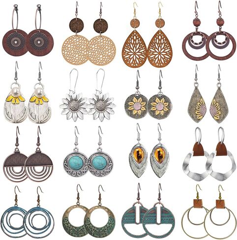 EIELO 16 Pairs بوهو خمر استرخى أقراط للنساء هندسية مستديرة عباد الشمس أقراط العرقية نمط البوهيمي إسقاط طقم من الحلقان in Kuwait